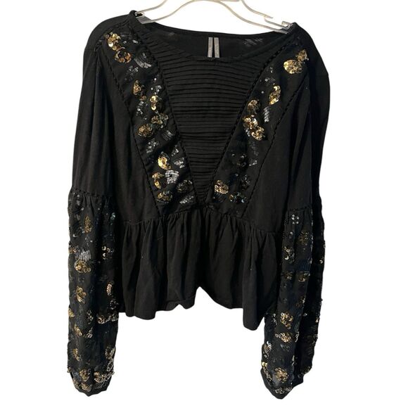 Anthropologie Neale Top Size M Sequined Embroidered Ballon Sleeves Black Peplum - Picture 1 of 8